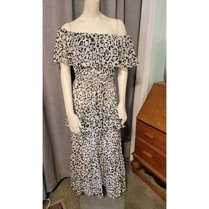 Taylor Cheatah Print Chiffon Ruffle Tiered Off Shoulder Maxi Dress Sz 6 Coquette